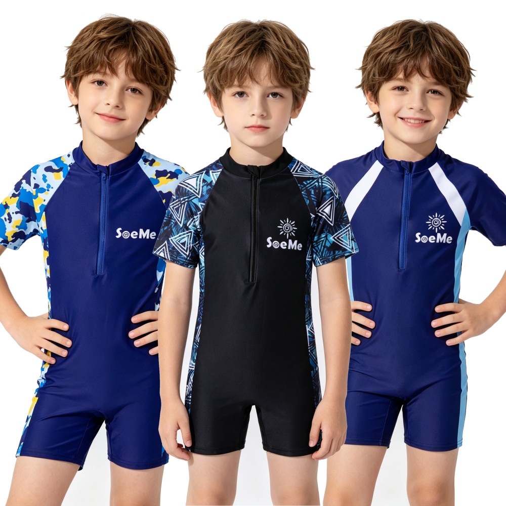 A Bathing Ape Camo - ボーイズネイビー迷彩プリントワンピース水着半袖ジッパーラッシュガード子供速乾性水着子供水着 2-12Y