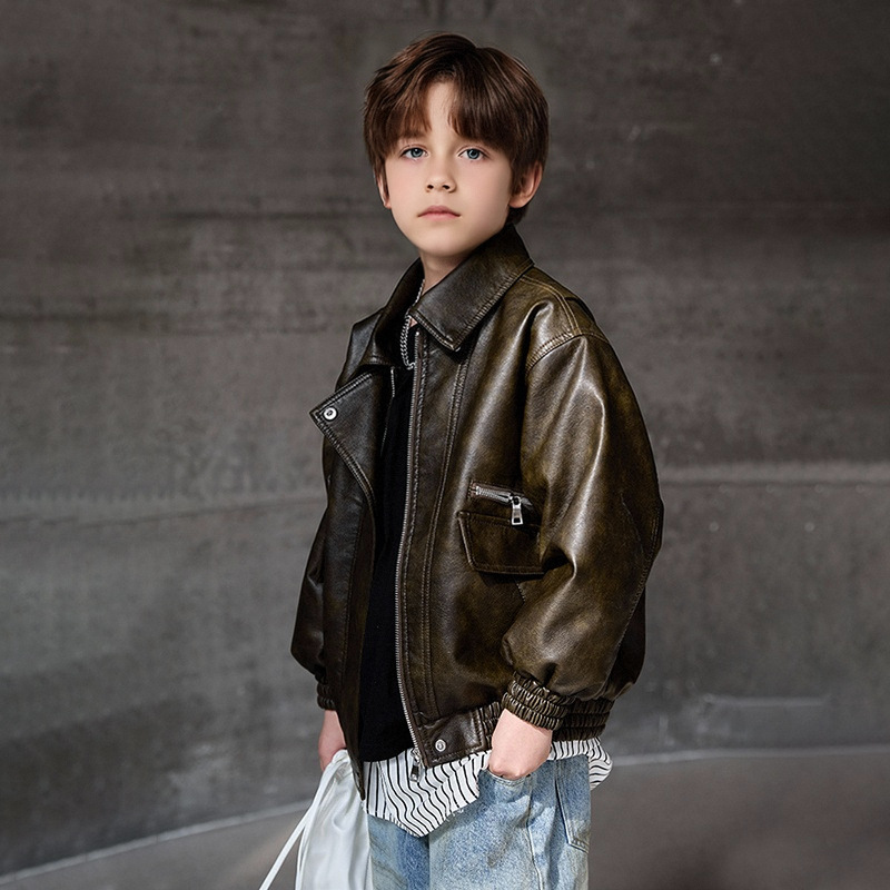 Streetwear Brand Designs - 男の子ダークグリーン防水防風コート 2-12Y 子供ブラックロックオートバイ Pu レザージャケット子供ストリート写真撮影着用