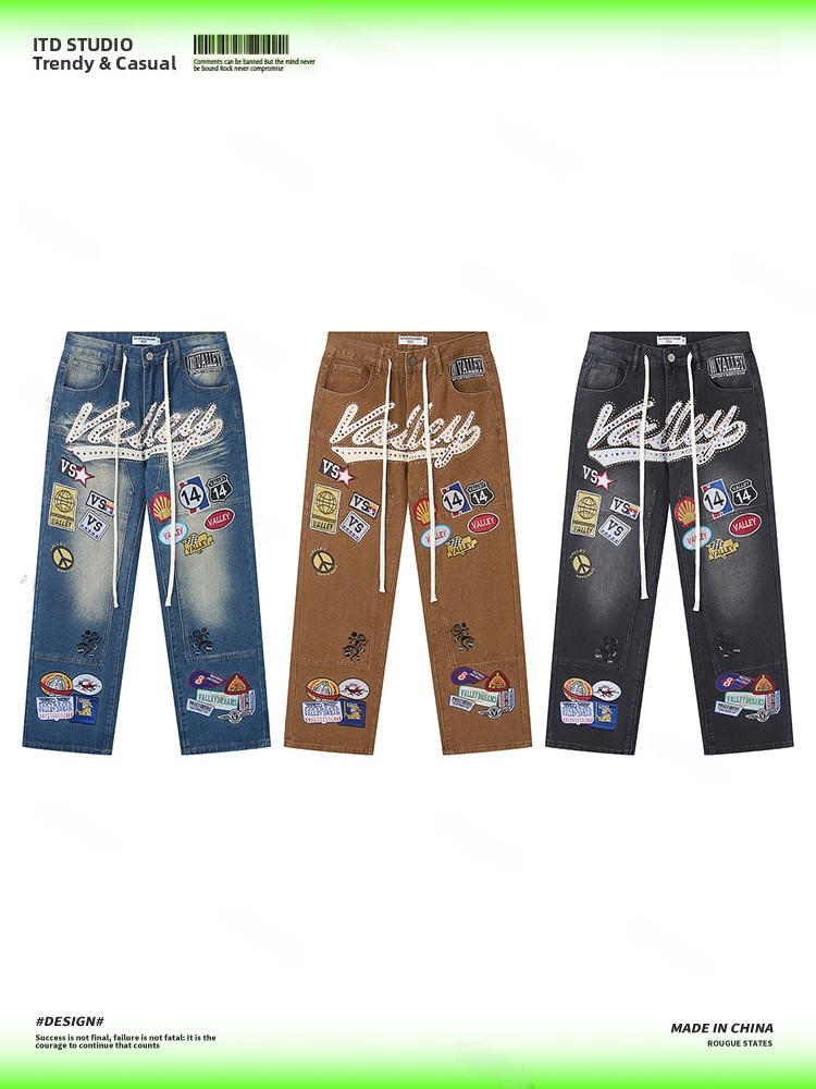 Valley Streetwear Brand - VALLEY 刺繍入りルーズハイストリートダイヤモンドグルーメンズジーンズ トレンドブランド ストリートスタイル カジュアルウェア オールシーズン