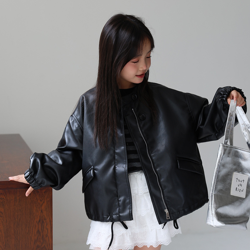 Streetwear Brand Designs - 2-12Y 女の子甘い黒ピンクロックオートバイ Pu レザージャケット子供防水防風コート子供ストリート写真撮影着用