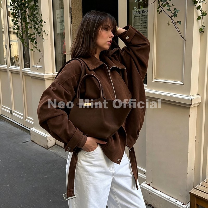 ネオミント秋の新ブラウン特大スエードジャケット女性シックなブ - Streetwear Brand Designs のレビューと価格